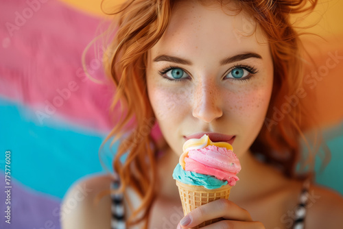 A redheaded woman bites a multicolored ice cream cone against a rainbow background.