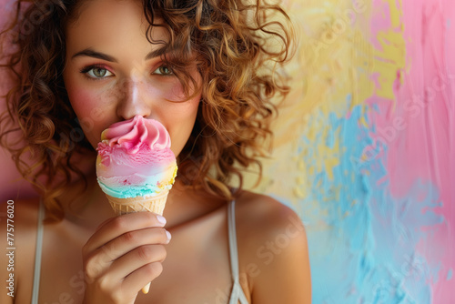 Young woman enjoying a colorful ice cream cone against a vibrant backdrop