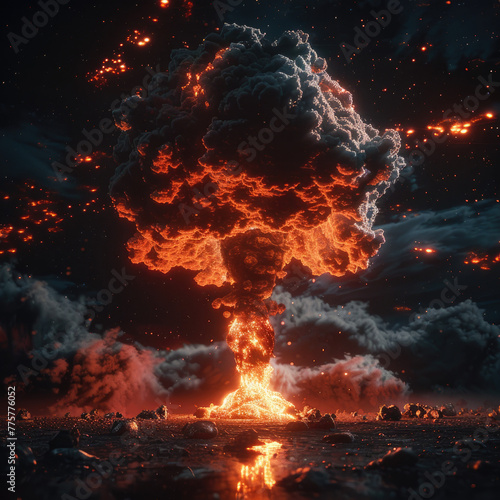 A mushroom cloud rises from the ground, creating an apocalyptic scene with bright lighting and a dark background 