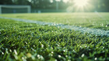 Fresh, lush green soccer field, immaculately kept for football, team sport surface close-up,
