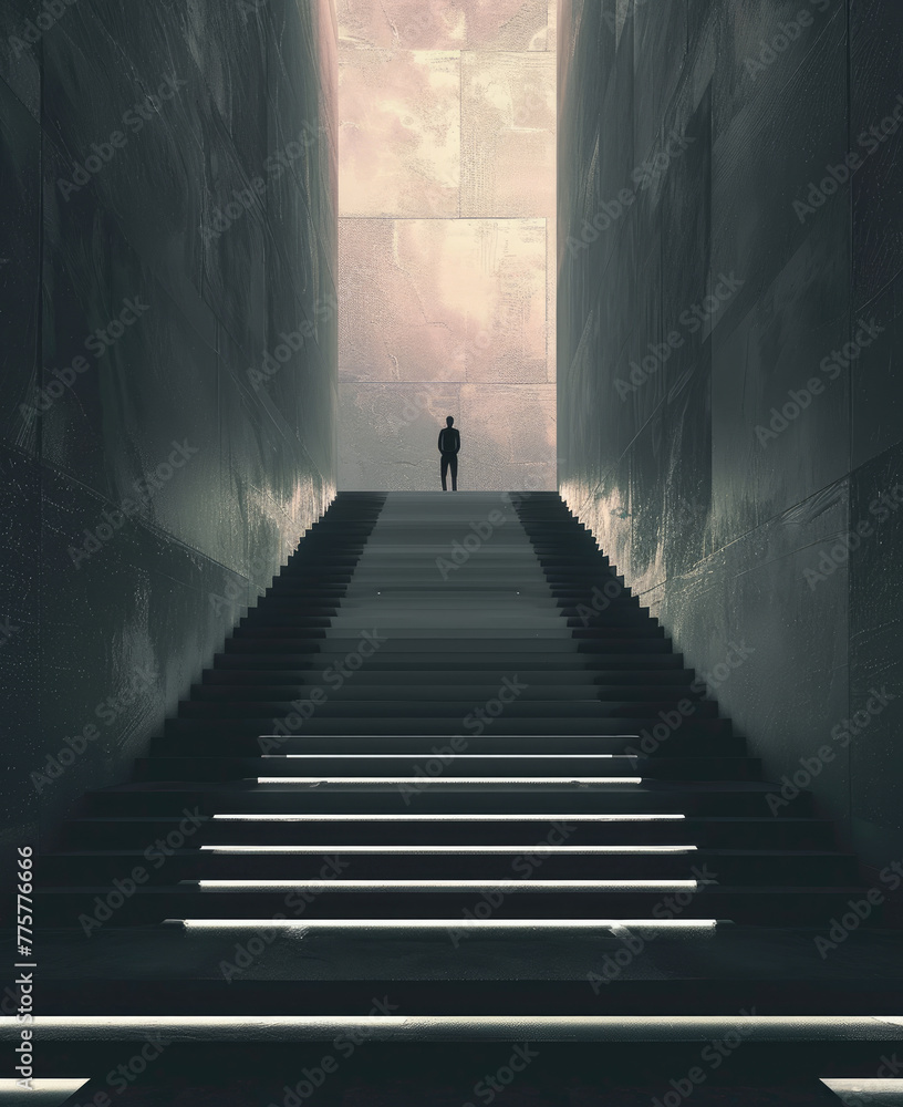 A person stands at the top of an endless staircase, illuminated from above The stairs appear to stretch out into infinity