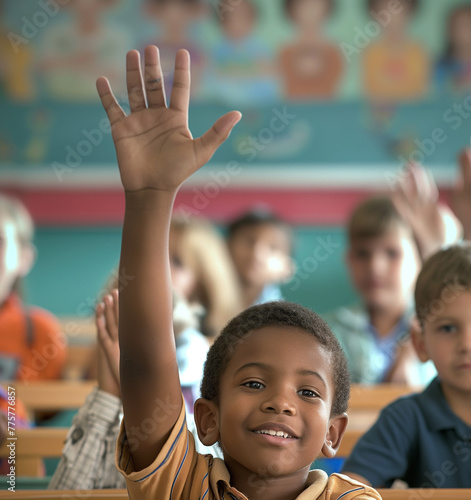 Young boy is raising his hand in a classroom full of students photo