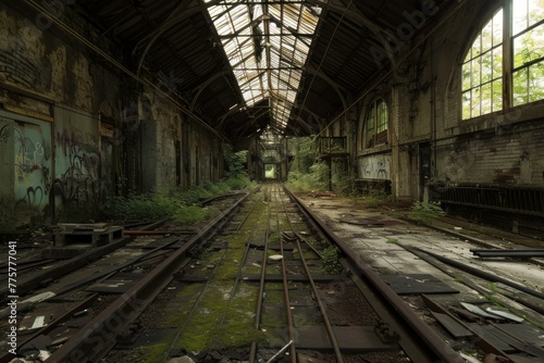 Abandoned rail station. Iron track design. Generate AI © anatolir