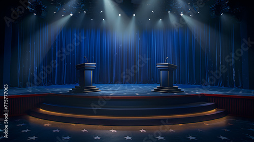 debate stage with two podiums and no one behind them, Generative Ai photo
