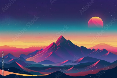 A breathtaking painting showcasing a majestic mountain range standing tall against the dark night sky. © Vit