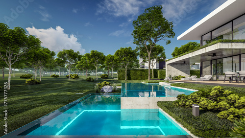 3d rendering of flat roof house with parking and pool for sale or rent with concrete facade and beautiful landscaping on background. Clear sunny summer day with blue sky. © korisbo