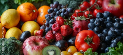 Variety of fresh fruits background. Generative AI technology.  