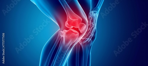 Knee pain trauma x-ray visual. Medical treatment healthcare concept. Generative AI technology. photo