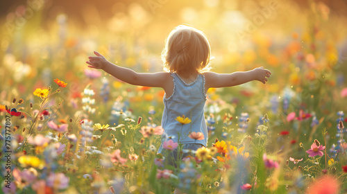 back view of a child with arms outstretched and enjoying a beautiful summer day in a field full of beautiful wild flowers, the child is fully open to the world and ready to give his love photo