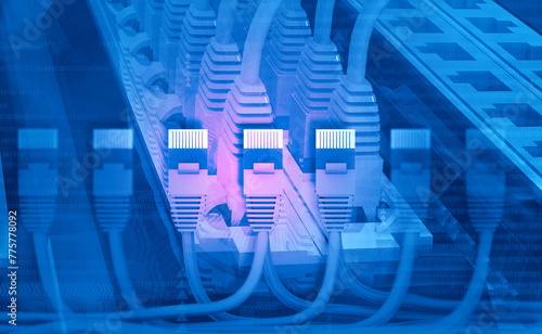 Internet cable connected to server, network LAN. 3d illustration.