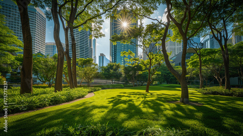 Green oasis in bustling city, vibrant public park amidst downtown business district, urban tranquility