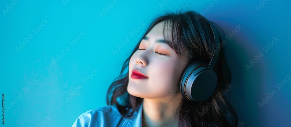 A woman with headphones leaning against a wall A woman with headphones leaning against a wall