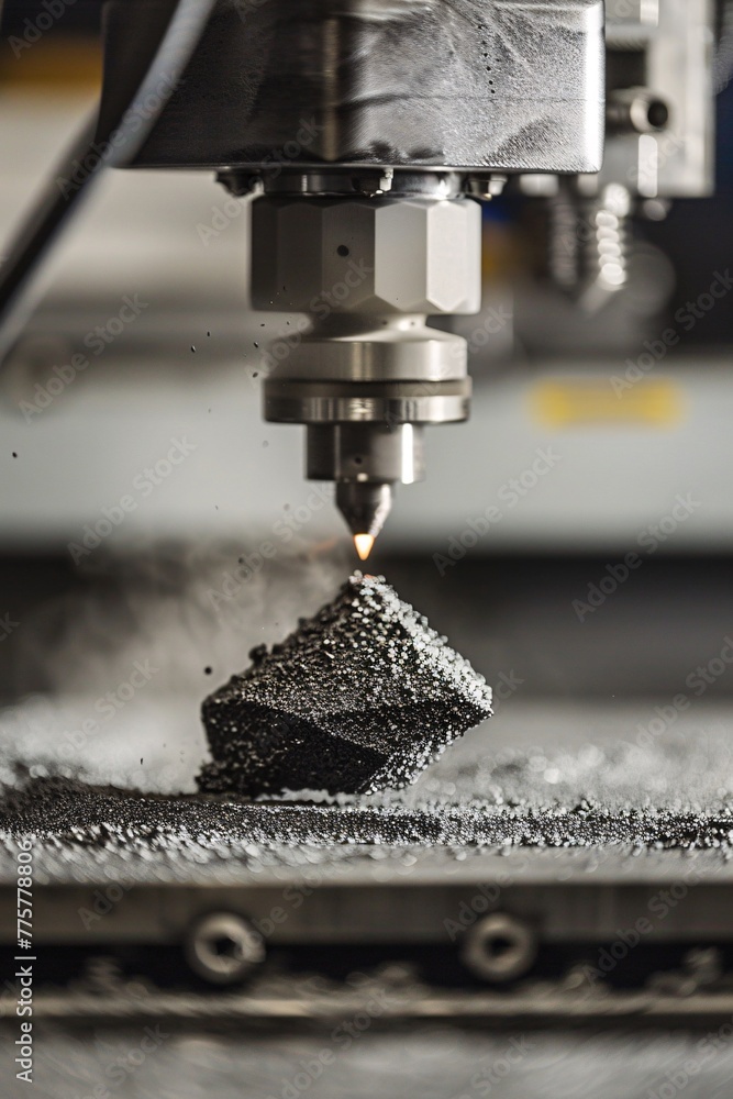 A glimpse into the future of manufacturing a 3D printer meticulously crafting a mechanical detail from metal powder in a workshop A glimpse into the future of manufacturing a 3D printer meticulously crafting a mechanical detail from metal powder in a workshop