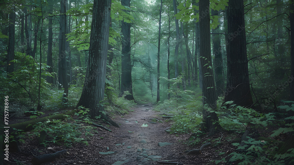Obraz premium Serene Misty Forest Path Surrounded by Lush Green Trees and Foliage on a Tranquil Morning