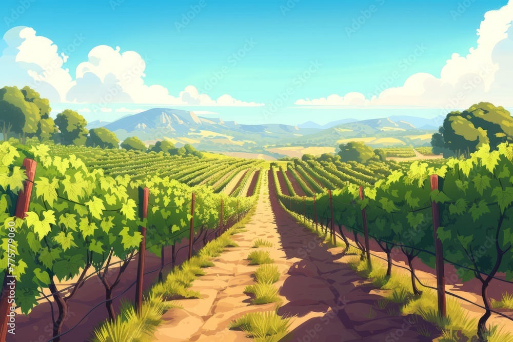 This photograph depicts a picturesque vineyard in the countryside, showcasing rows of grapevines under a beautiful sky.