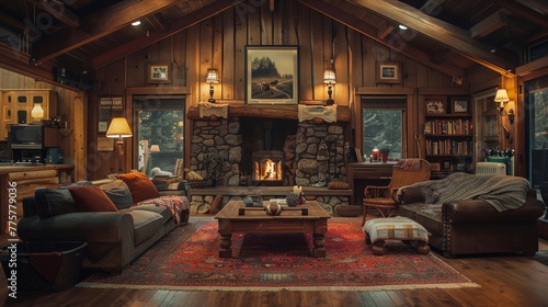 Cozy cabin living room with fireplace and warm lighting