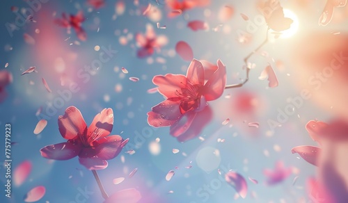 Flowers in falling water droplets on a pink background. The concept of nature and freshness.