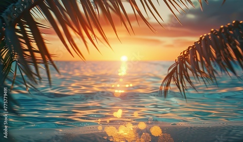 Sunset on a tropical beach with the reflection of the sun in the water. The concept of relaxation.