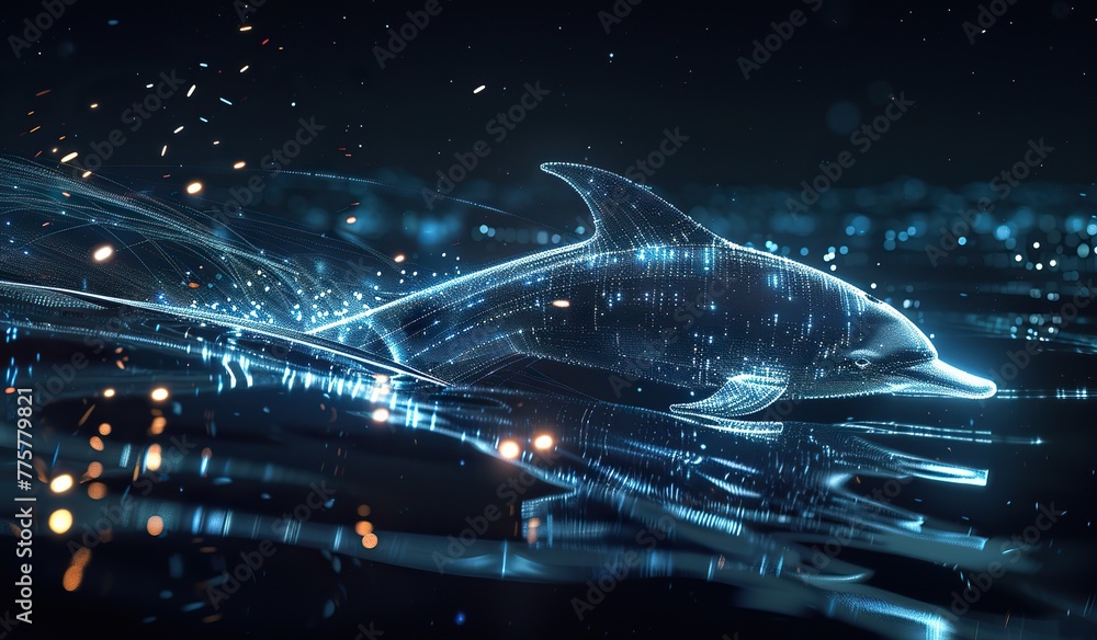 Digital image of a dolphin made of blue glowing particles on a dark background with reflection in the water. The concept of cybernetic nature and marine animals. Digital image of a dolphin made of blue glowing particles on a dark background with reflection in the water. The concept of cybernetic nature and marine animals.