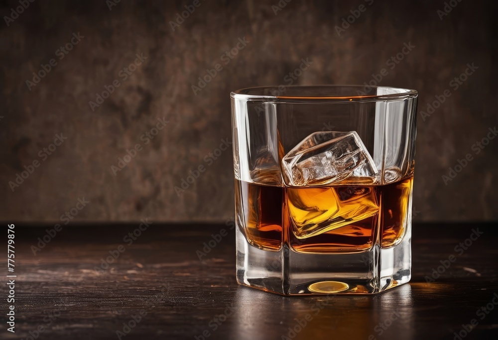 closeup whiskey or scotch in glass with ice cube on brown background closeup whiskey or scotch in glass with ice cube on brown background