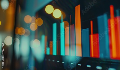 Stock index graphs against a backdrop of blurred light flares. The concept of finance and data analysis.