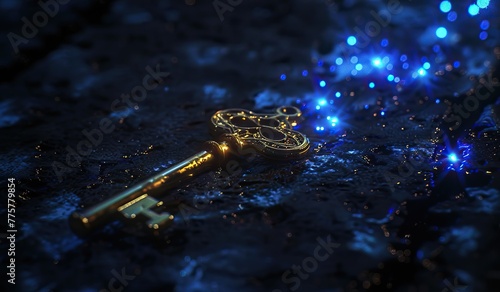 Golden key with shiny elements on a dark wet background, surrounded by blue glowing dots. The concept of mystery and discovery. © volga