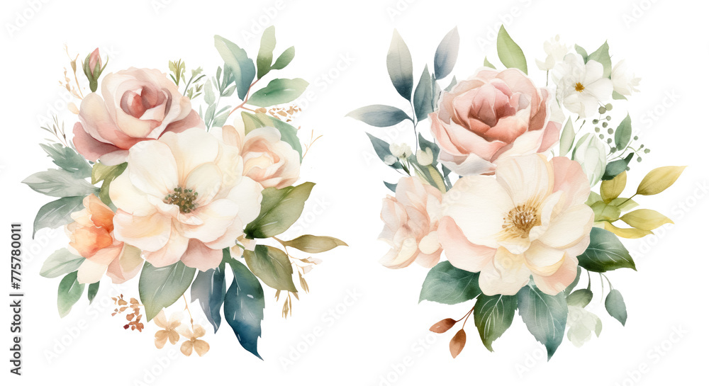 Soft roses and foliage watercolor composition