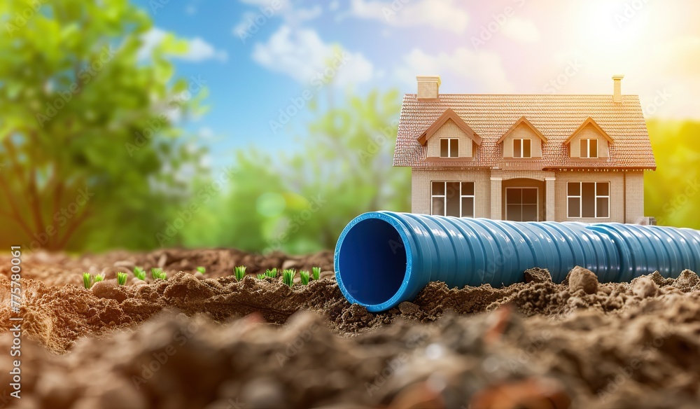 Fototapeta premium House against the background of a construction water pipe. The concept of urban development and utilities.