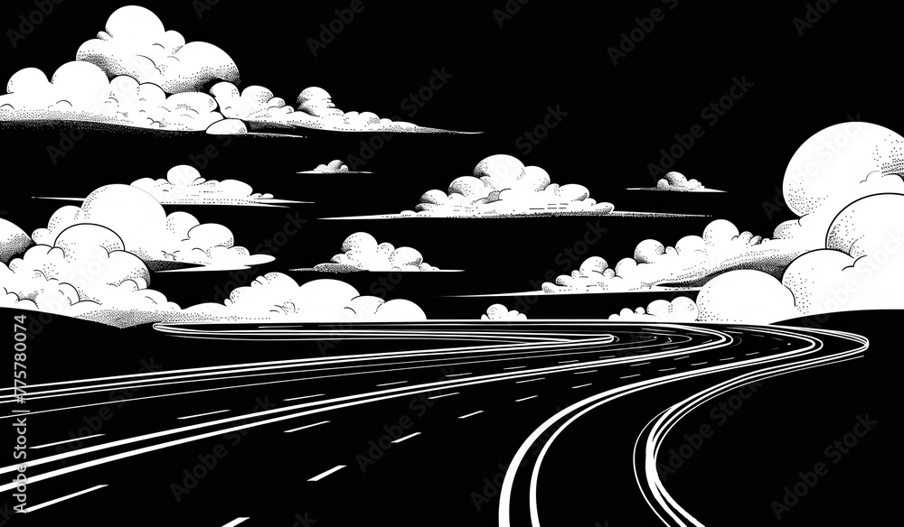 Black and white image of a winding road leading through a hilly ...