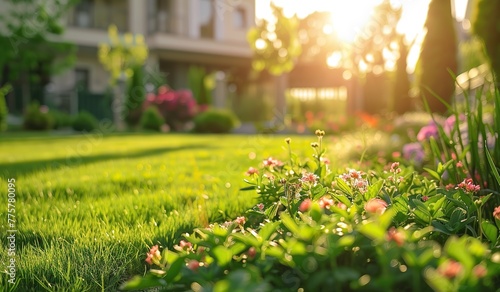 Green lawn with flowers in the foreground and a house in the rays of the setting sun. The concept of a well-maintained private house.