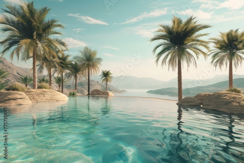 A tranquil desert oasis featuring a pool surrounded by palm trees and a majestic mountain in the background.