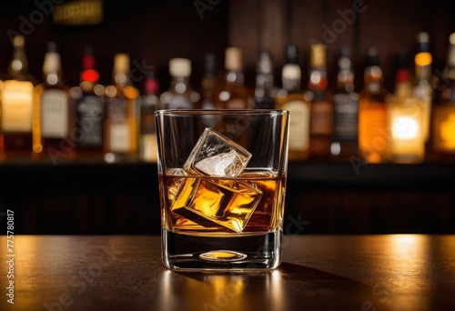 whiskey with ice cubes in glass on background of bar with alcoholic drinks