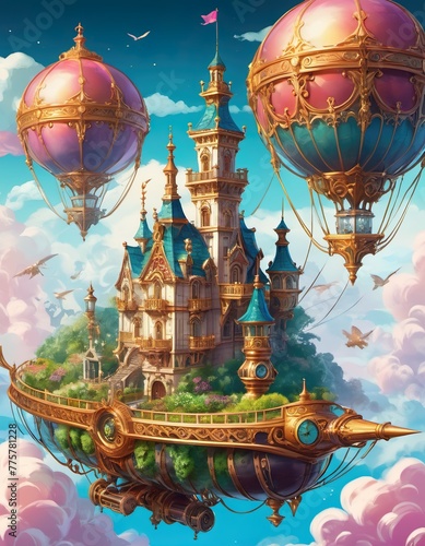 A castle on a ship flying in wonderland above clouds photo