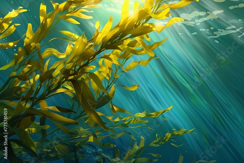 photorealistic yellow green kelp plant  underwater  sunlight rays  ocean background.