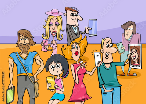 cartoon people with smart phones and digital tablets