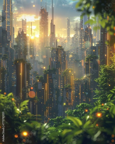 Pangea, lush greenery, futuristic cityscape, as the diverse factions adapt to a unified world photo