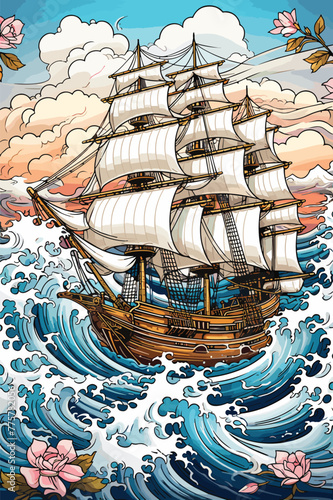 A pirate ship on the high seas coloring page