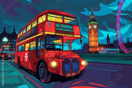 A vintage red London bus passes by iconic landmarks as it drives down a bustling street.