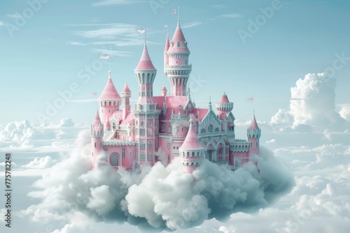 A whimsical fantasy castle made of pink bricks appears to be floating in the clouds against a serene sky backdrop.