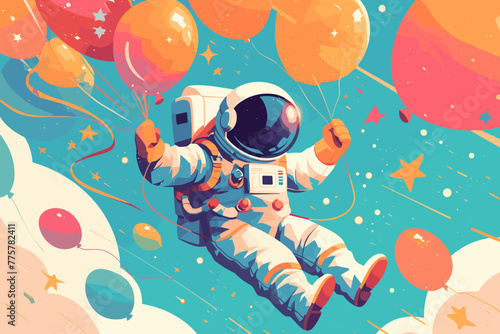 Colorful flat vector illustration of an astronaut floating in space with bunch of air balloons around.