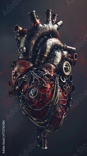 A realistic human heart made of mechanical parts and gears, on a dark background, in the cyberpunk photo