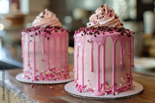 Two Cakes With Pink Frosting and Sprinkles