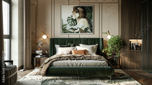 Modern bedroom oasis with a luxurious green bed, botanical accents, sleek lamp, cozy carpet, and an exotic animal poster, photo