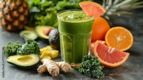 Green Smoothie Surrounded by Fruits and Vegetables