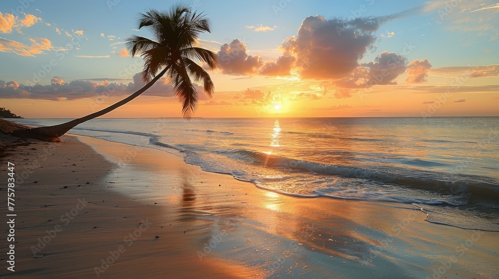 Sunset Over Ocean With Palm Trees
