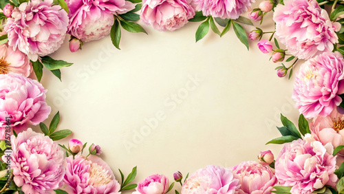 Pink peony flowers border frame  gift card design. Generative ai