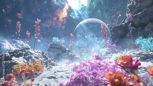 celestial garden ballroom located on an asteroid. seamless looping overlay 4k virtual video animation background photo