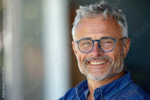 Smiling Male Portrait. Trendy Middle-aged Man with Eyeglasses in Blue Shirt
