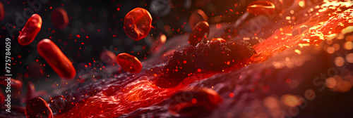 Red Blood Cells Flowing Through a Blood Vessel, Closeup illustration of platelets activating and adhering to a veins damaged wall.  photo