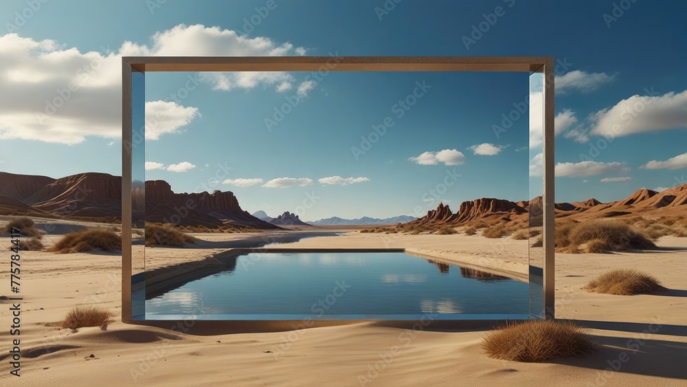 Fototapeta premium Desert Illusion 3D Render of Abstract Landscape with Reflective Mirrors and Blue Sky